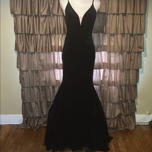 Ava Presley Black Velvet Evening Prom Dress With Sheer Overlay.